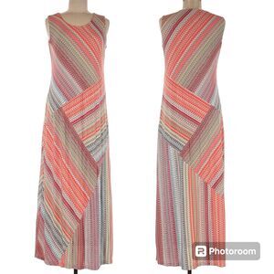 Chicos Maxi Dress Womens 2 Large Knit Pink Tan Chevron Tank Boho Stretch Beach
